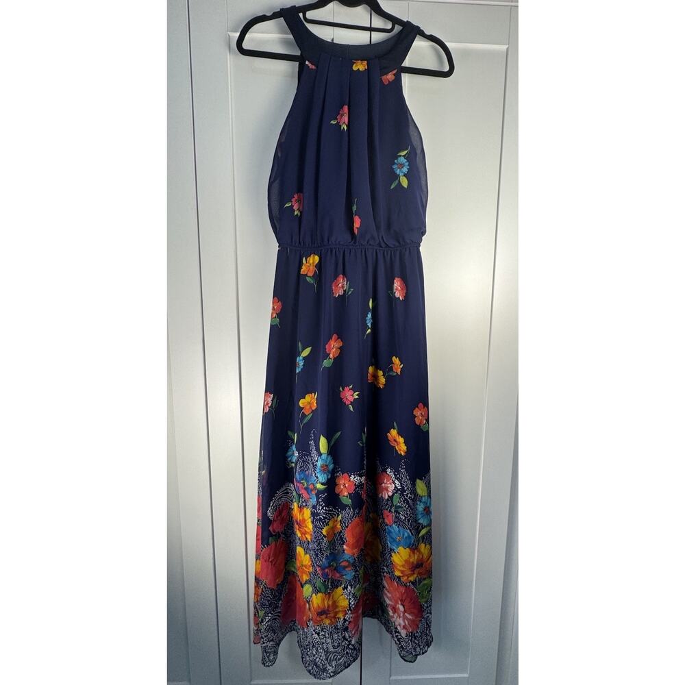 Robbie Bee Navy Floral Maxi Dress Halter Strappy Sleeveless Chiffon 6